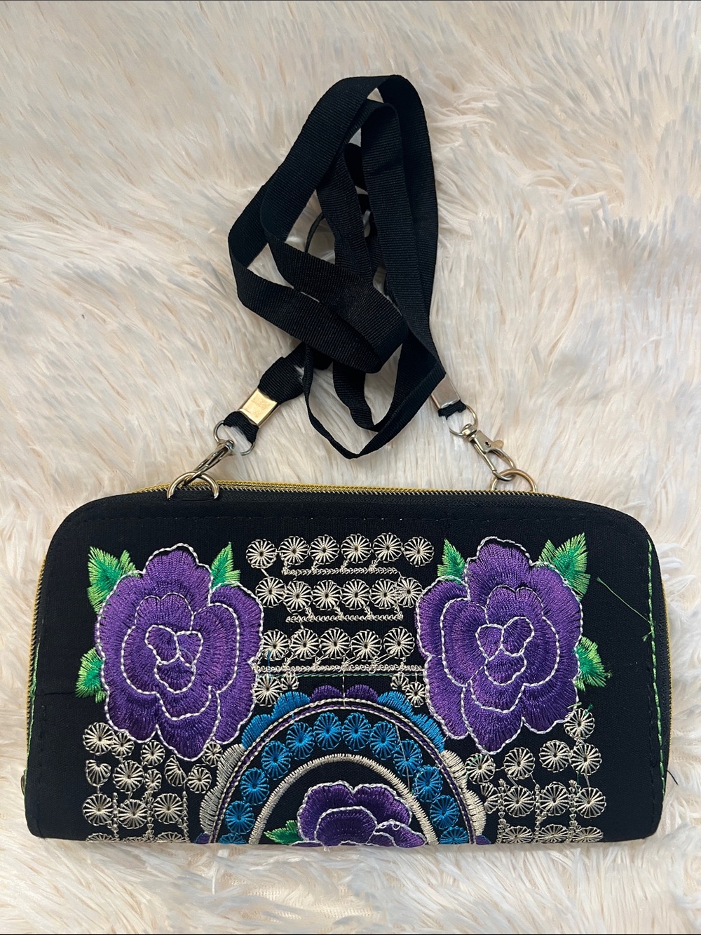 Embroidered Floral Crossbody Clutch - Black with Purple Flowers